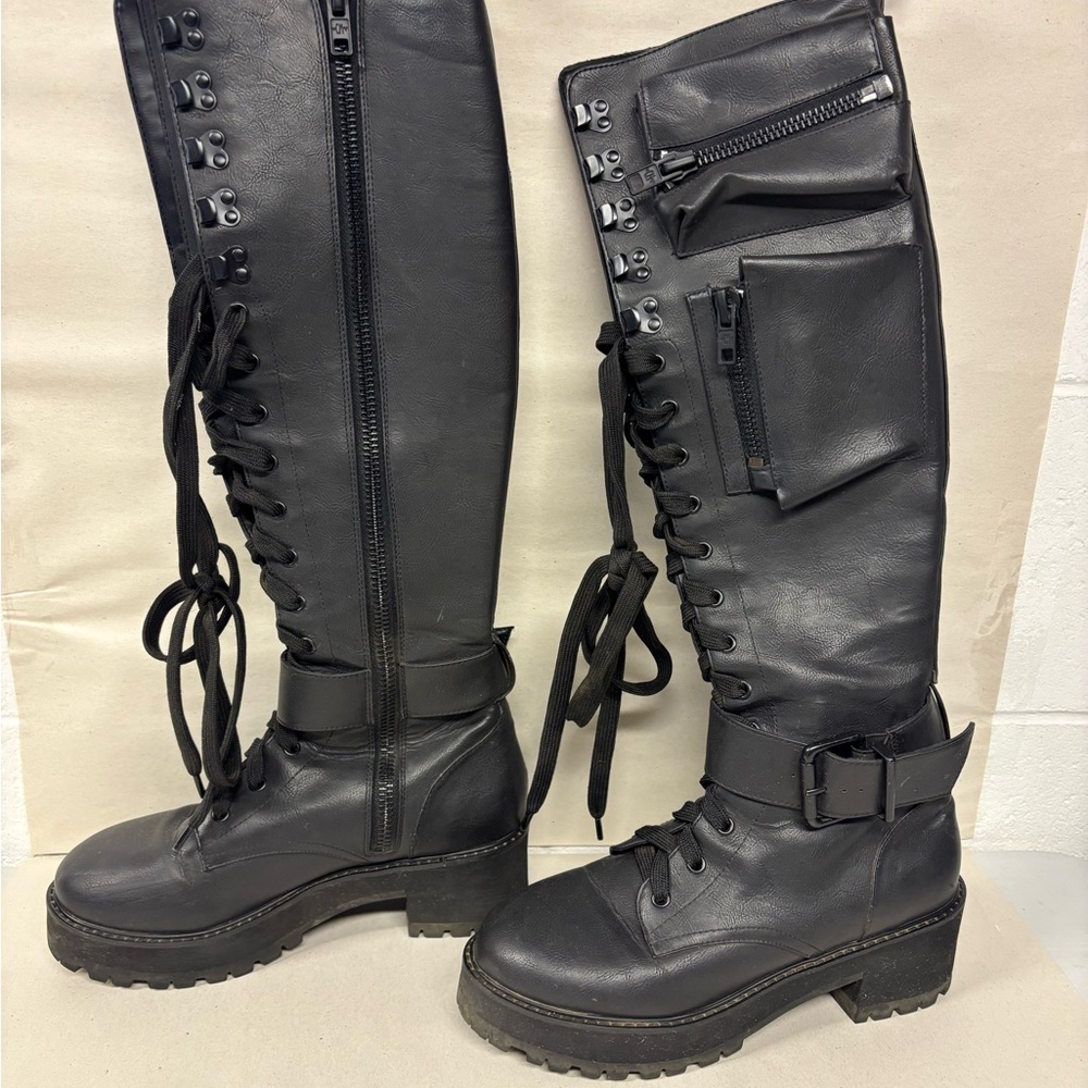 Dolls Kill Black Combat Lace-Up Knee-High Boots - Picture 2 of 8